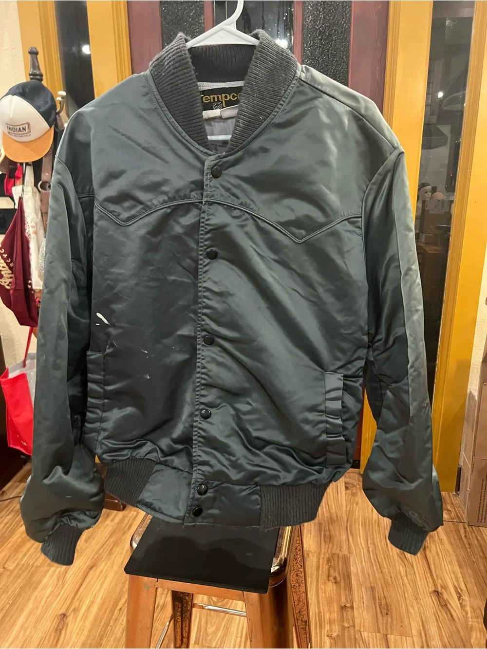Men's Dark Green Satin Bomber Jacket with Ribbed Trim